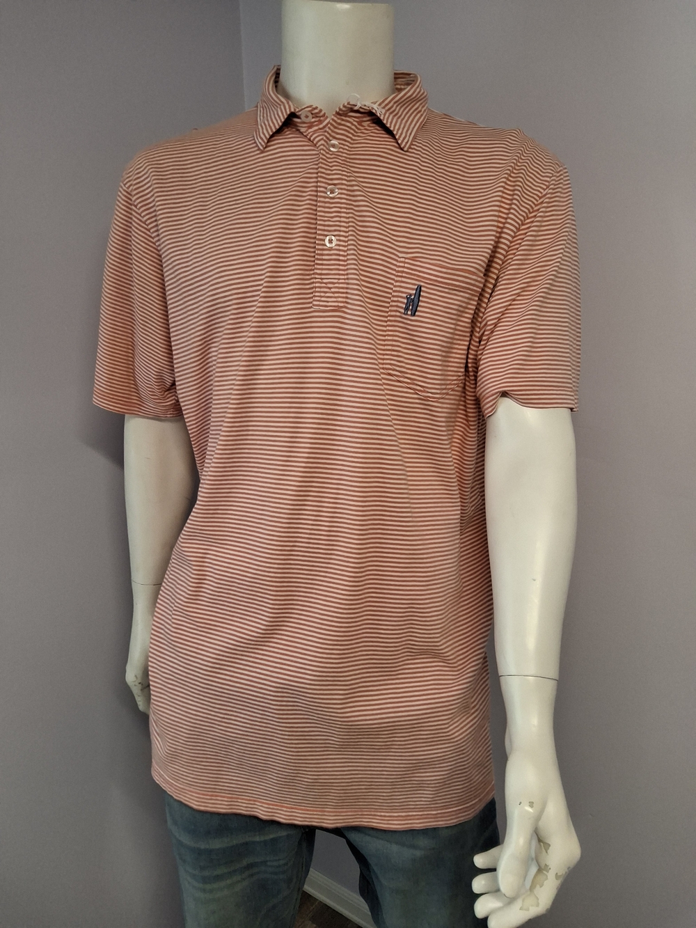 Men's Johnnie-O Orange/White Striped Collared Short Sleeve Button Polo Shirt XL